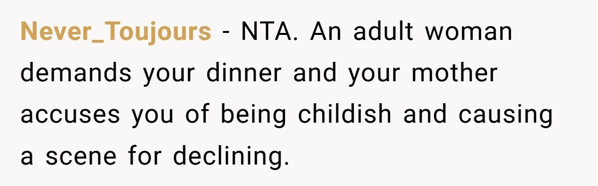 Never_Toujours − NTA. An adult woman demands your dinner and your mother accuses you of being childish and causing a scene for declining.