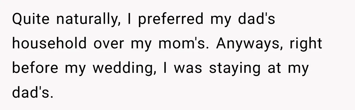 Quite naturally, I preferred my dad's household over my mom's. Anyways, right before my wedding, I was staying at my dad's.