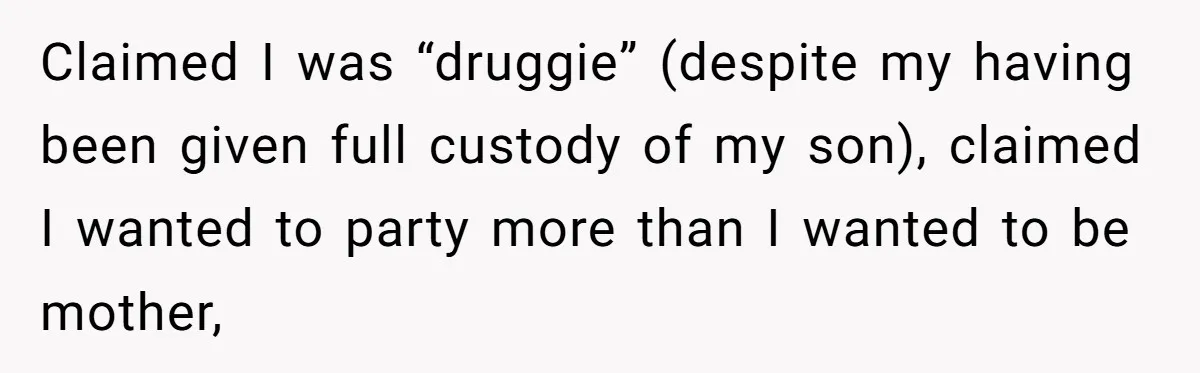 Claimed I was “druggie” (despite my having been given full custody of my son), claimed I wanted to party more than I wanted to be mother,