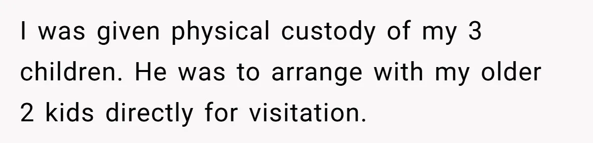 I was given physical custody of my 3 children. He was to arrange with my older 2 kids directly for visitation.