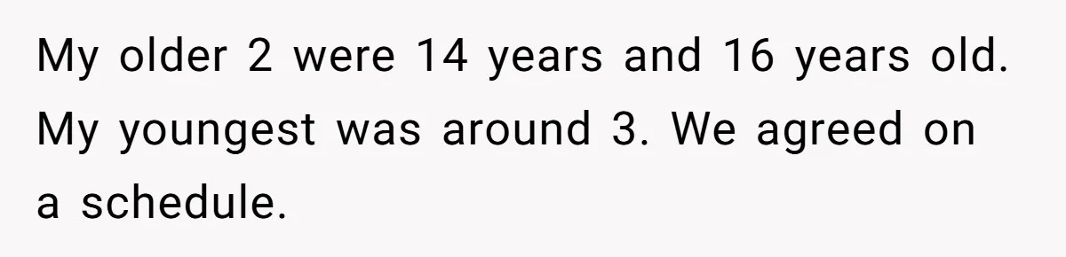 My older 2 were 14 years and 16 years old. My youngest was around 3. We agreed on a schedule.