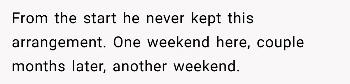 From the start he never kept this arrangement. One weekend here, couple months later, another weekend.