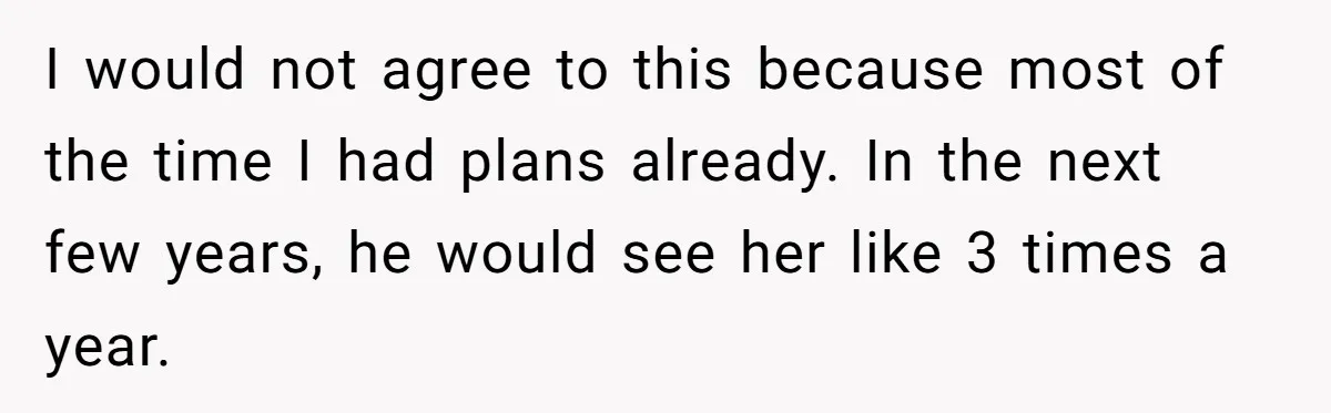 I would not agree to this because most of the time I had plans already. In the next few years, he would see her like 3 times a year.