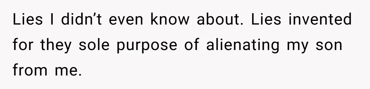 Lies I didn’t even know about. Lies invented for they sole purpose of alienating my son from me.