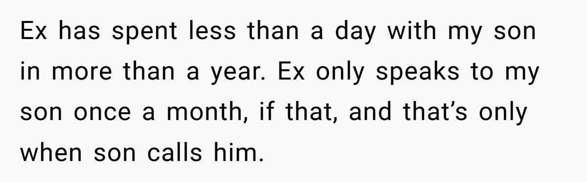 Ex has spent less than a day with my son in more than a year. Ex only speaks to my son once a month, if that, and that’s only when...