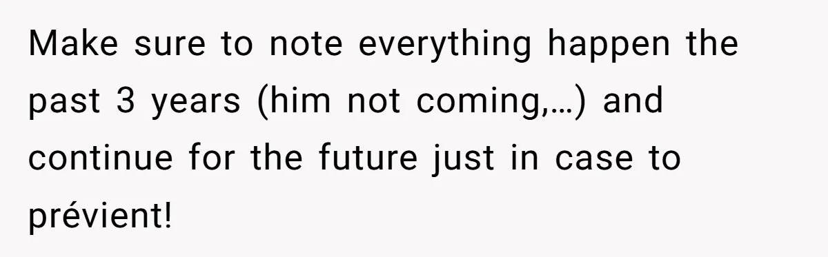 Make sure to note everything happen the past 3 years (him not coming,…) and continue for the future just in case to prévient!