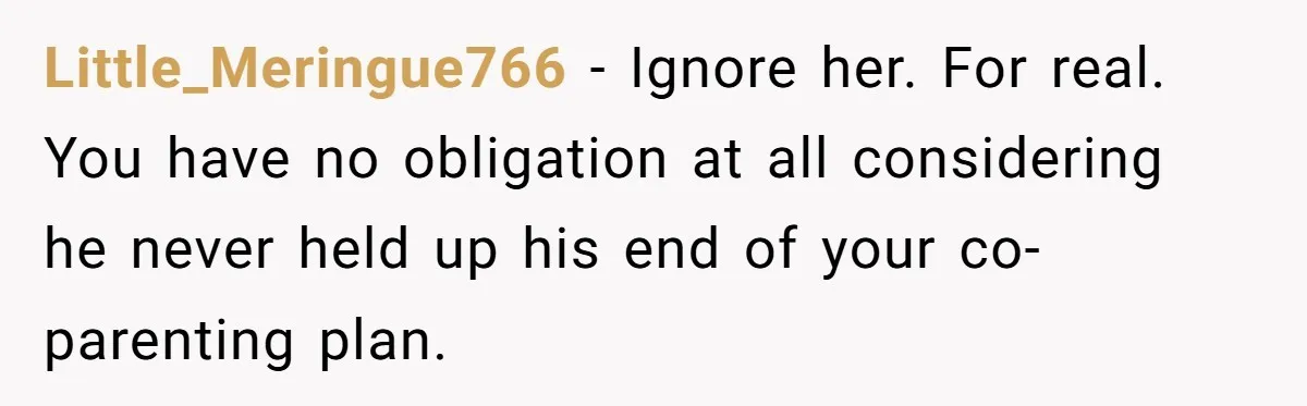 Little_Meringue766 − Ignore her. For real. You have no obligation at all considering he never held up his end of your co-parenting plan.
