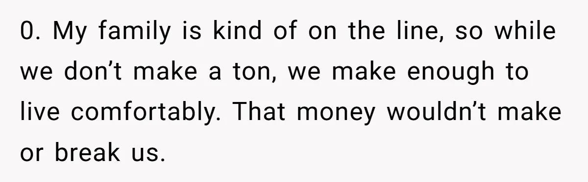 0. My family is kind of on the line, so while we don’t make a ton, we make enough to live comfortably. That money wouldn’t make or break us.