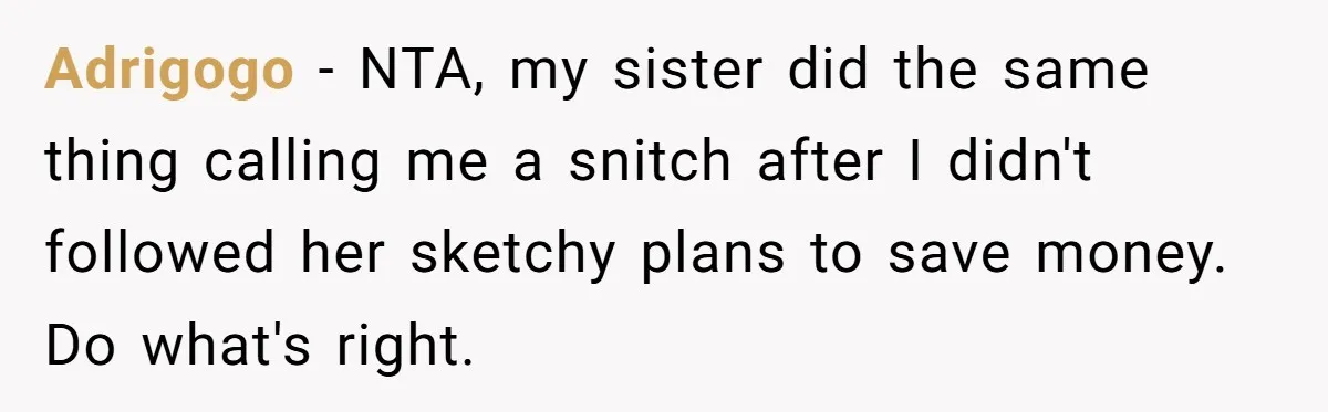 Adrigogo − NTA, my sister did the same thing calling me a snitch after I didn't followed her sketchy plans to save money. Do what's right.