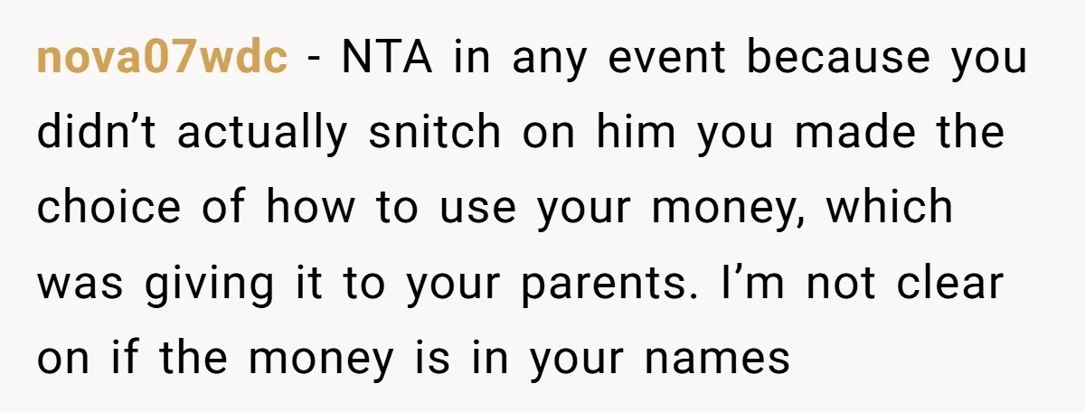 nova07wdc − NTA in any event because you didn’t actually snitch on him you made the choice of how to use your money, which was giving it to your parents....