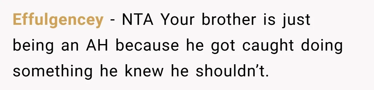 Effulgencey − NTA Your brother is just being an AH because he got caught doing something he knew he shouldn’t.