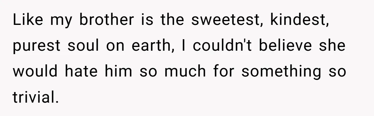 Like my brother is the sweetest, kindest, purest soul on earth, I couldn't believe she would hate him so much for something so trivial.