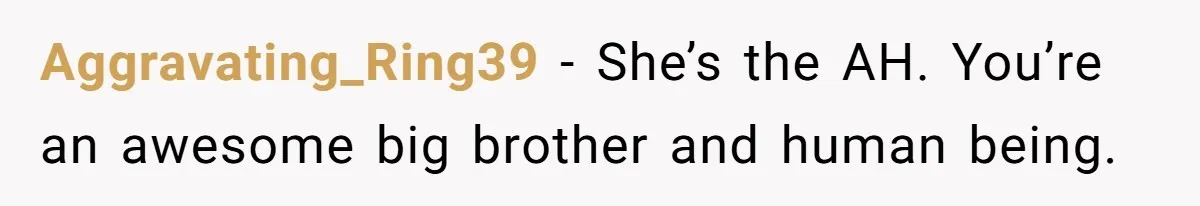 Aggravating_Ring39 − She’s the AH. You’re an awesome big brother and human being.