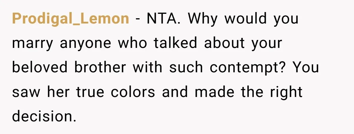 Prodigal_Lemon − NTA. Why would you marry anyone who talked about your beloved brother with such contempt? You saw her true colors and made the right decision.