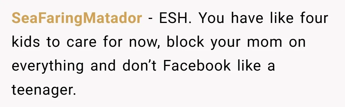 SeaFaringMatador − ESH. You have like four kids to care for now, block your mom on everything and don’t Facebook like a teenager.