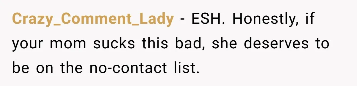 Crazy_Comment_Lady − ESH. Honestly, if your mom sucks this bad, she deserves to be on the no-contact list.
