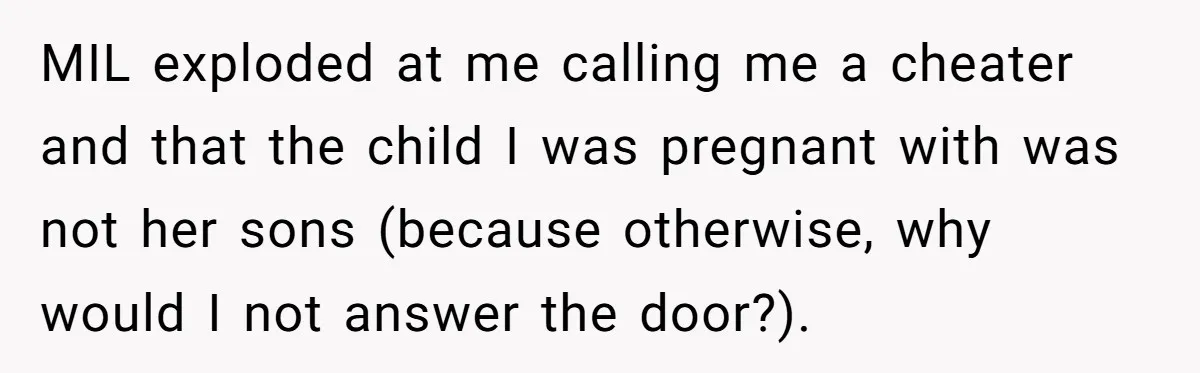 MIL exploded at me calling me a cheater and that the child I was pregnant with was not her sons (because otherwise, why would I not answer the door?).