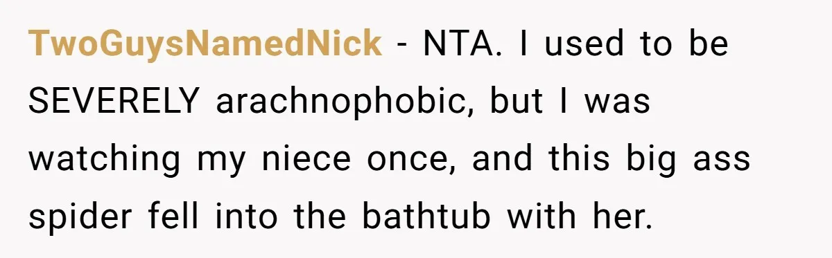 TwoGuysNamedNick − NTA. I used to be SEVERELY arachnophobic, but I was watching my niece once, and this big ass spider fell into the bathtub with her.