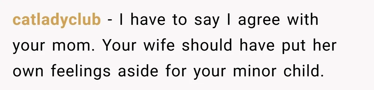 catladyclub − I have to say I agree with your mom. Your wife should have put her own feelings aside for your minor child.
