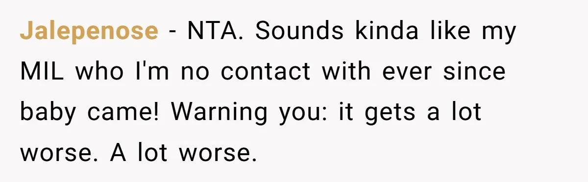 Jalepenose − NTA. Sounds kinda like my MIL who I'm no contact with ever since baby came! Warning you: it gets a lot worse. A lot worse.