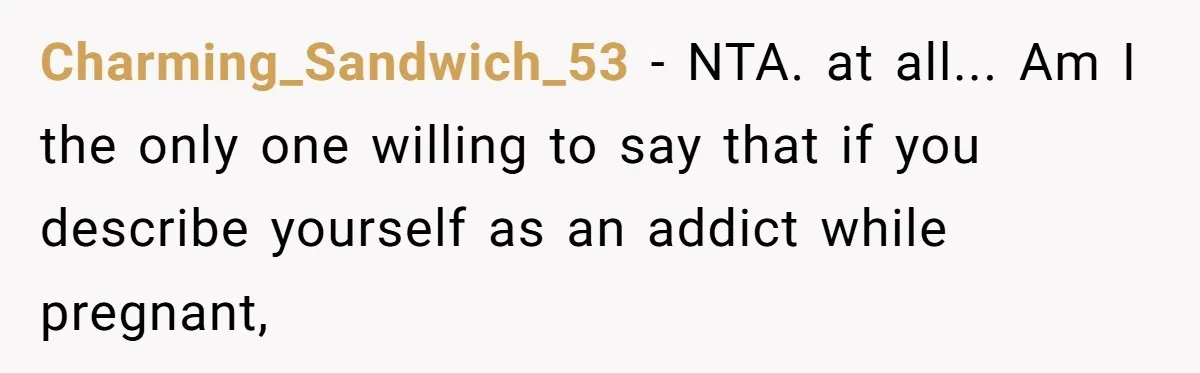 Charming_Sandwich_53 − NTA. at all... Am I the only one willing to say that if you describe yourself as an addict while pregnant,