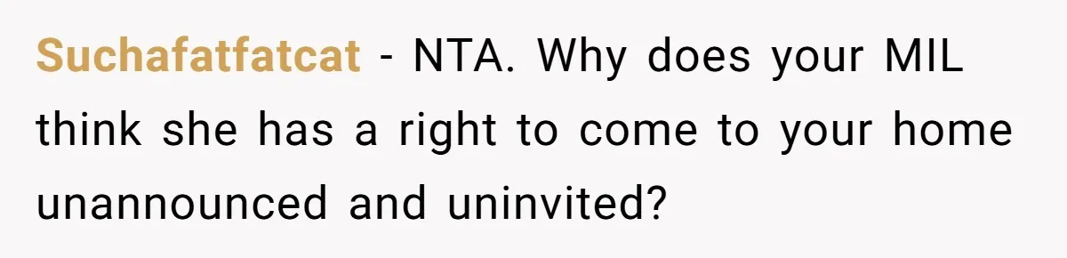 Suchafatfatcat − NTA. Why does your MIL think she has a right to come to your home unannounced and uninvited?