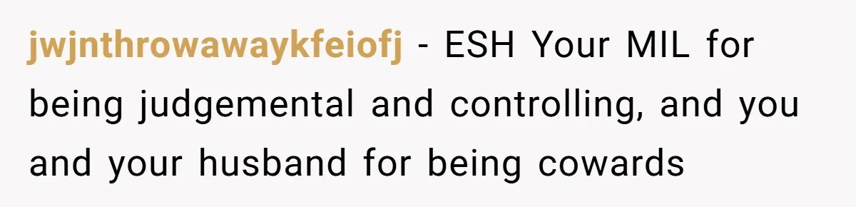 jwjnthrowawaykfeiofj − ESH Your MIL for being judgemental and controlling, and you and your husband for being cowards