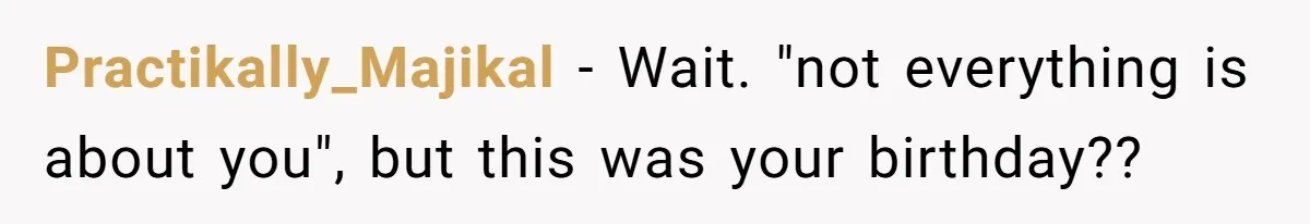 Practikally_Majikal − Wait. "not everything is about you", but this was your birthday??