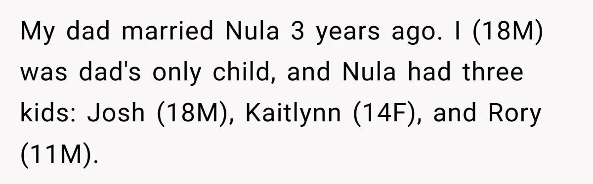 My dad married Nula 3 years ago. I (18M) was dad's only child, and Nula had three kids: Josh (18M), Kaitlynn (14F), and Rory (11M).