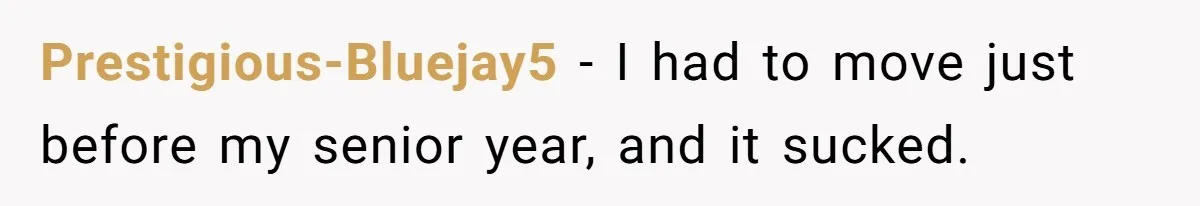 Prestigious-Bluejay5 − I had to move just before my senior year, and it sucked.