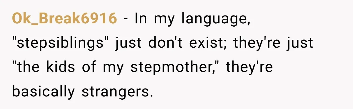 Ok_Break6916 − In my language, "stepsiblings" just don't exist; they're just "the kids of my stepmother," they're basically strangers.