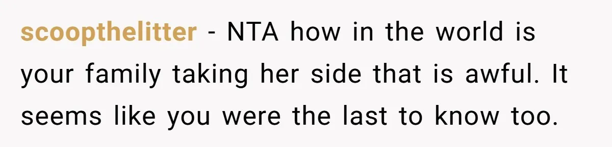 scoopthelitter − NTA how in the world is your family taking her side that is awful. It seems like you were the last to know too.