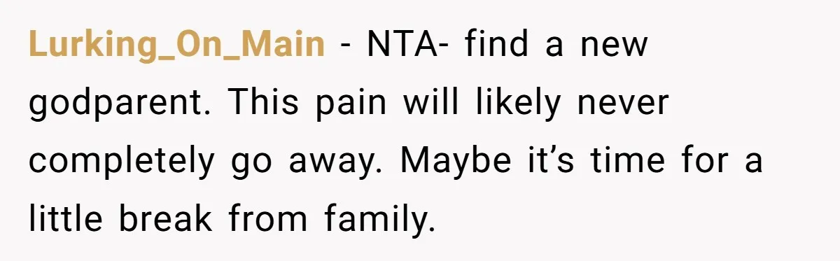 Lurking_On_Main − NTA- find a new godparent. This pain will likely never completely go away. Maybe it’s time for a little break from family.