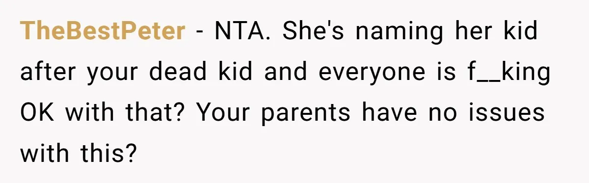 TheBestPeter − NTA. She's naming her kid after your dead kid and everyone is f__king OK with that? Your parents have no issues with this?
