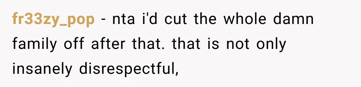 fr33zy_pop − nta i'd cut the whole damn family off after that. that is not only insanely disrespectful,