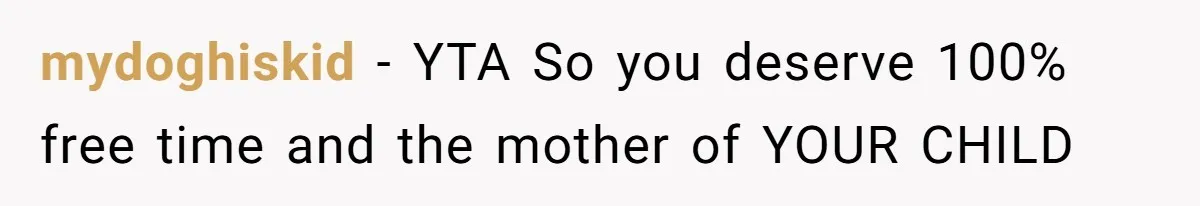 mydoghiskid − YTA So you deserve 100% free time and the mother of YOUR CHILD