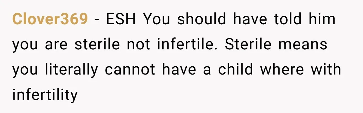Clover369 − ESH You should have told him you are sterile not infertile. Sterile means you literally cannot have a child where with infertility