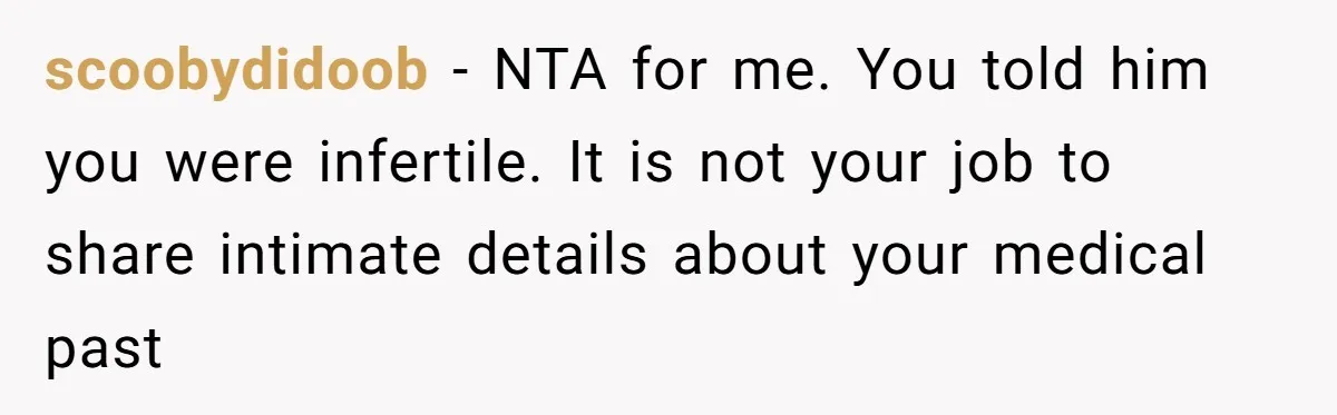 scoobydidoob − NTA for me. You told him you were infertile. It is not your job to share intimate details about your medical past