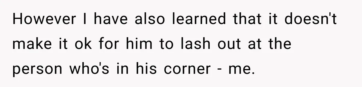 However I have also learned that it doesn't make it ok for him to lash out at the person who's in his corner - me.