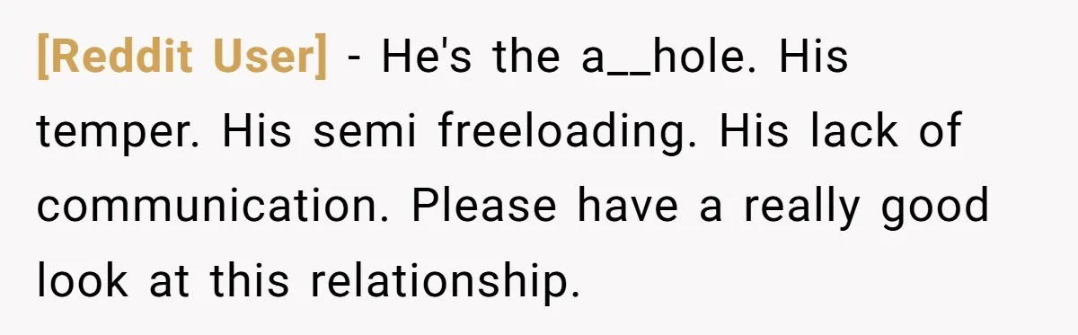 [Reddit User] − He's the a__hole. His temper. His semi freeloading. His lack of communication. Please have a really good look at this relationship.