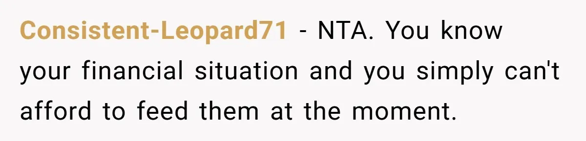 Consistent-Leopard71 − NTA. You know your financial situation and you simply can't afford to feed them at the moment.