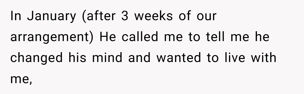 In January (after 3 weeks of our arrangement) He called me to tell me he changed his mind and wanted to live with me,