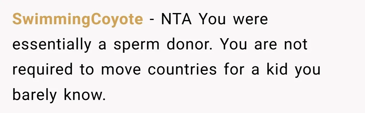 SwimmingCoyote − NTA You were essentially a sperm donor. You are not required to move countries for a kid you barely know.