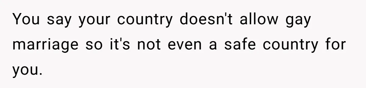 You say your country doesn't allow gay marriage so it's not even a safe country for you.