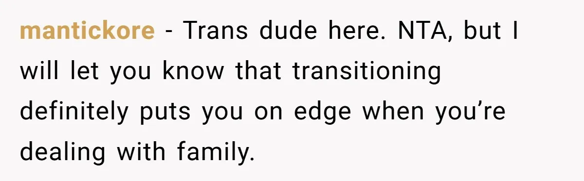mantickore − Trans dude here. NTA, but I will let you know that transitioning definitely puts you on edge when you’re dealing with family.