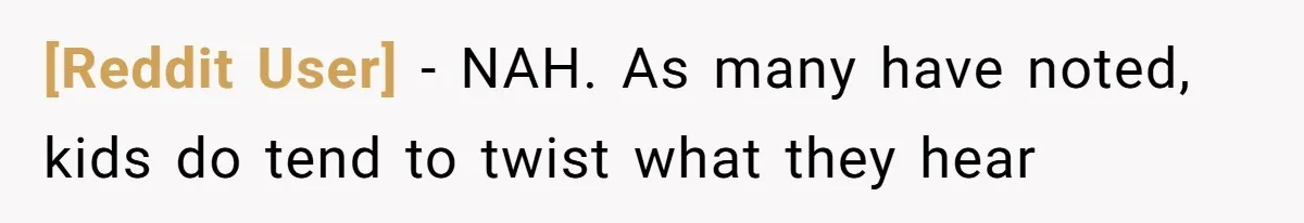 [Reddit User] − NAH. As many have noted, kids do tend to twist what they hear