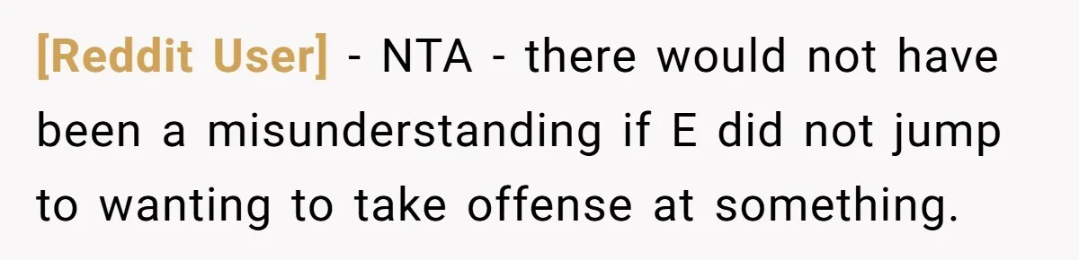 [Reddit User] − NTA - there would not have been a misunderstanding if E did not jump to wanting to take offense at something.