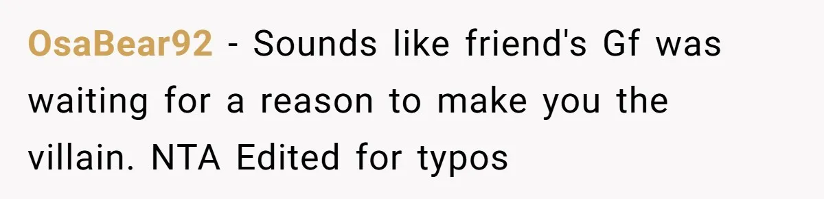 OsaBear92 − Sounds like friend's Gf was waiting for a reason to make you the villain. NTA Edited for typos