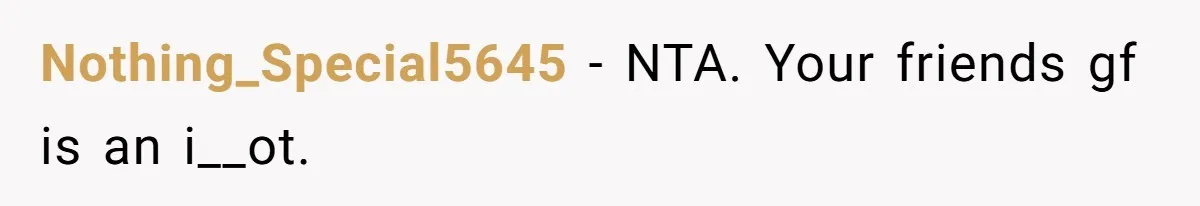 Nothing_Special5645 − NTA. Your friends gf is an i__ot.