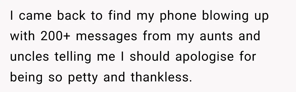 I came back to find my phone blowing up with 200+ messages from my aunts and uncles telling me I should apologise for being so petty and thankless.
